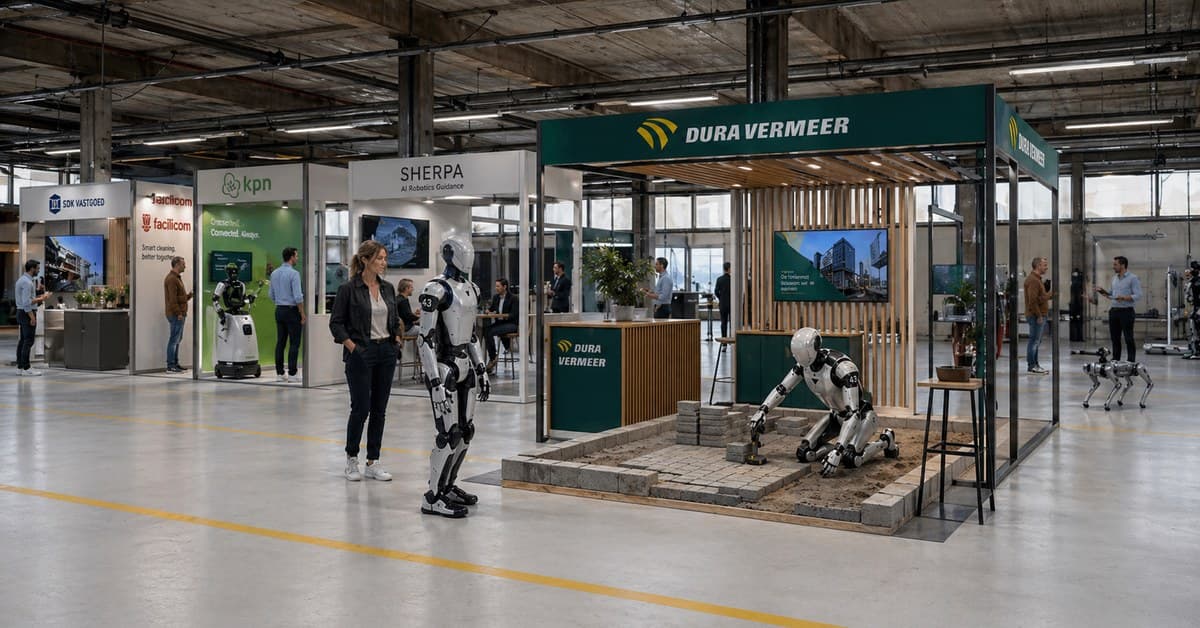 Branded Studios op de HAC-vloer met partnerstands, waaronder Dura Vermeer, en een humanoid die bestrating legt