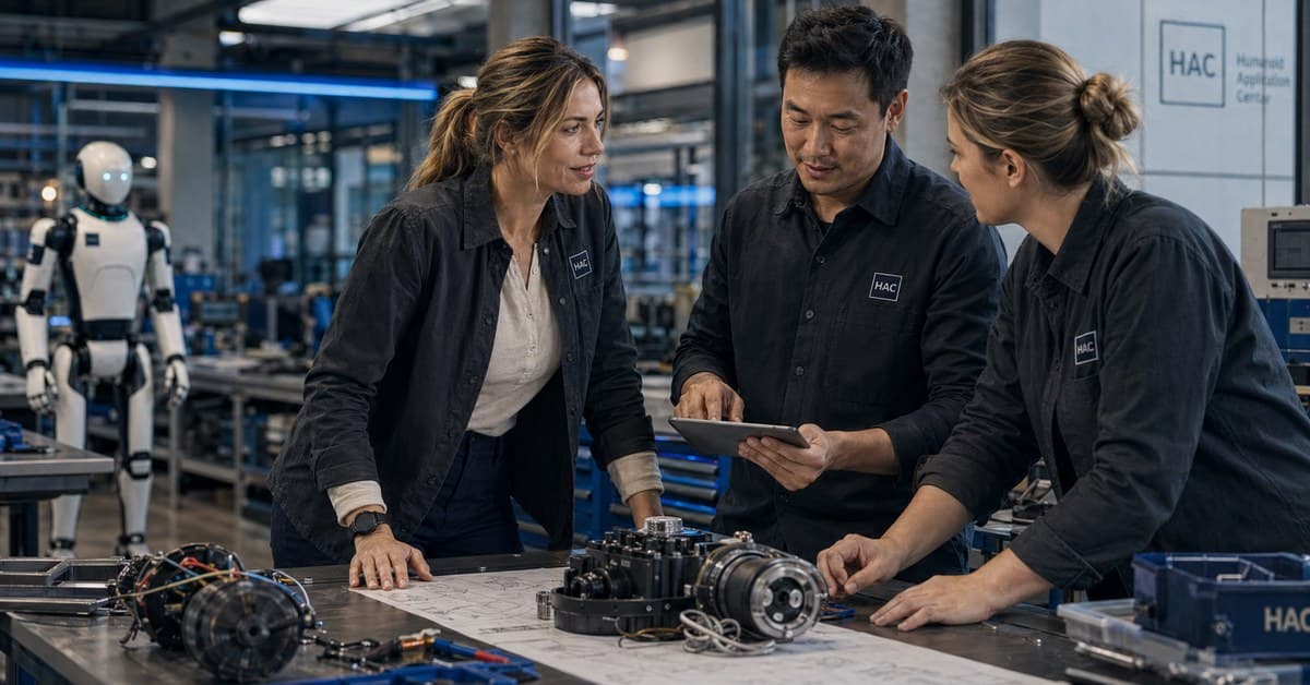 Drie HAC-engineers overleggen bij een montagebank met robot-componenten
