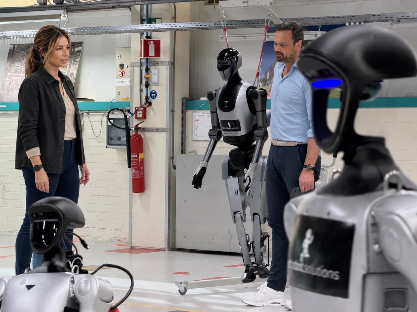 Sanne bij een humanoid-demo op de werkvloer